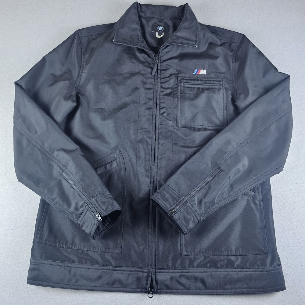 BMW M Sport Jacket Mens Medium Black Softshell Zip Pockets Mock Neck Windbreaker